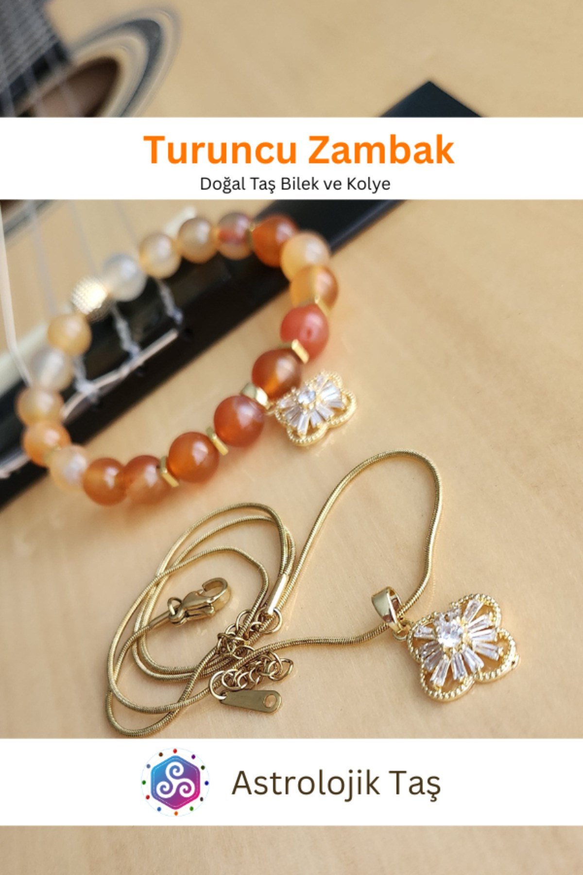 Turuncu Zambak Doğal Taş Bileklik ve Charm Zincir Kolye Takımı - Turuncu Akik