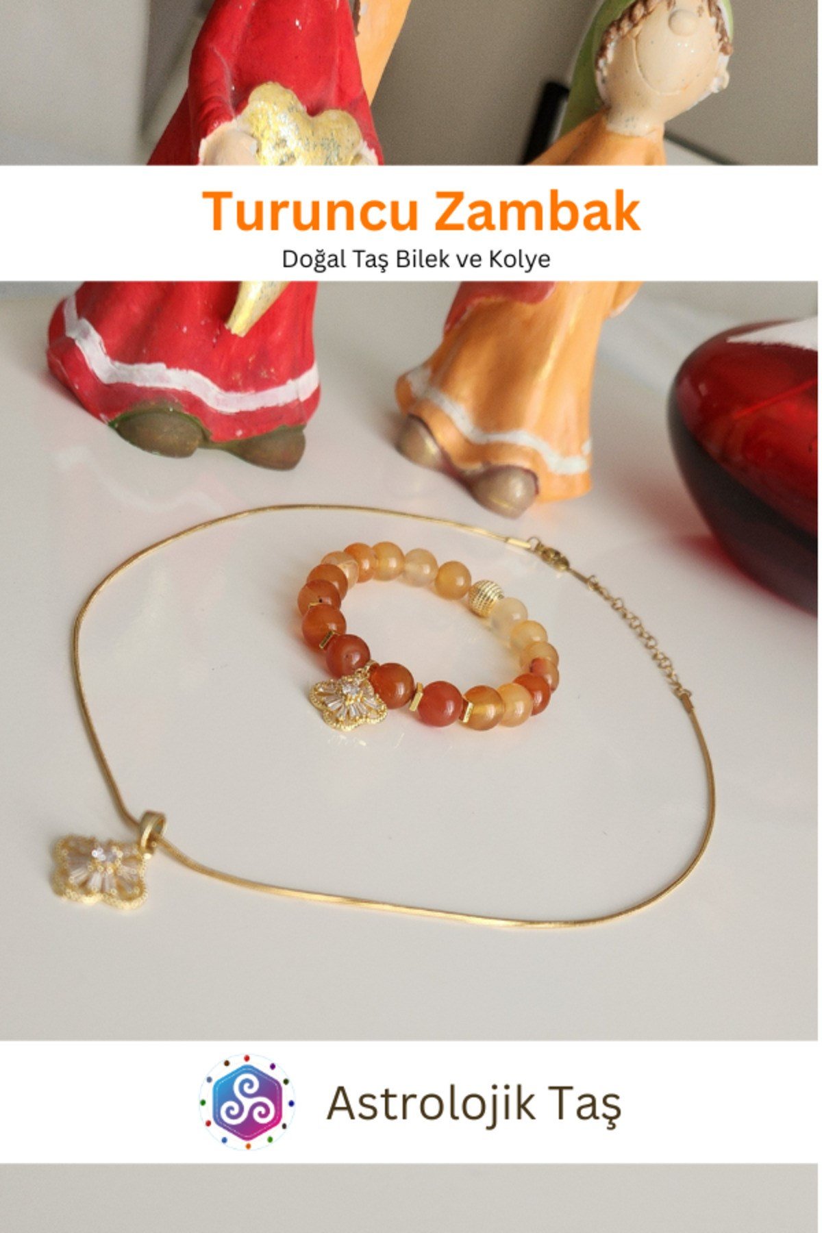 Turuncu Zambak Doğal Taş Bileklik ve Charm Zincir Kolye Takımı - Turuncu Akik