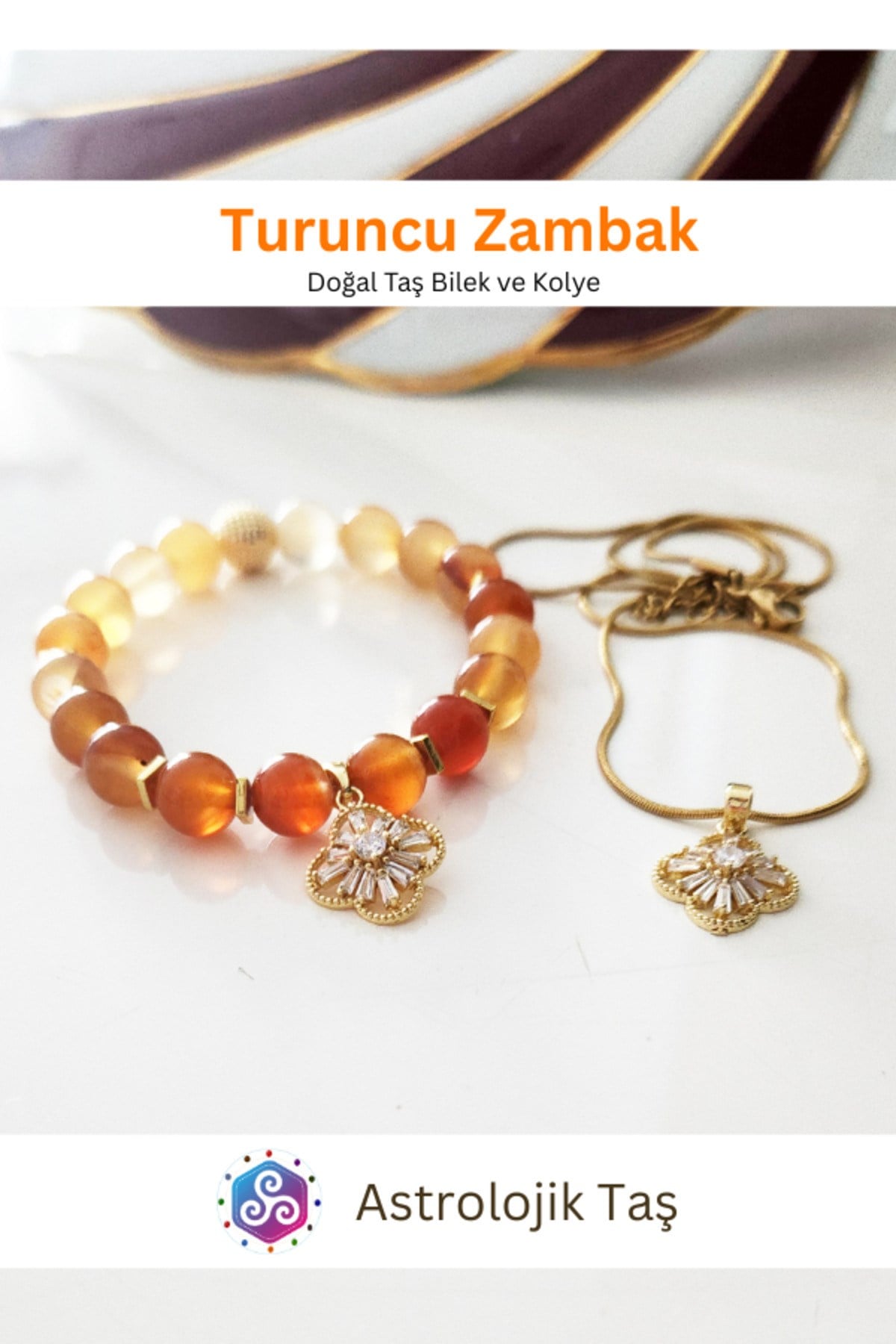 Turuncu Zambak Doğal Taş Bileklik ve Charm Zincir Kolye Takımı - Turuncu Akik