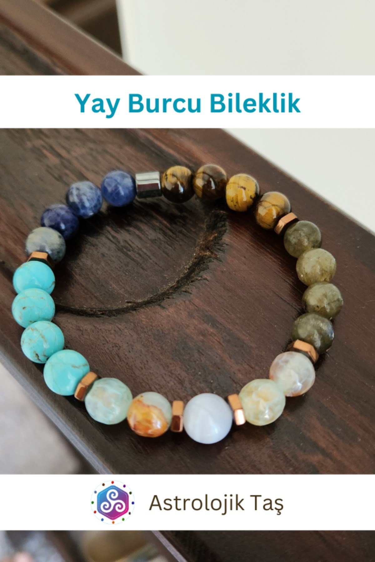 Yay Burcu Bilekliği - Sertifikalı - Kaplan Gözü, Labradorit, Turkuaz , Sodalit, Kalsedon, Beyaz Akik