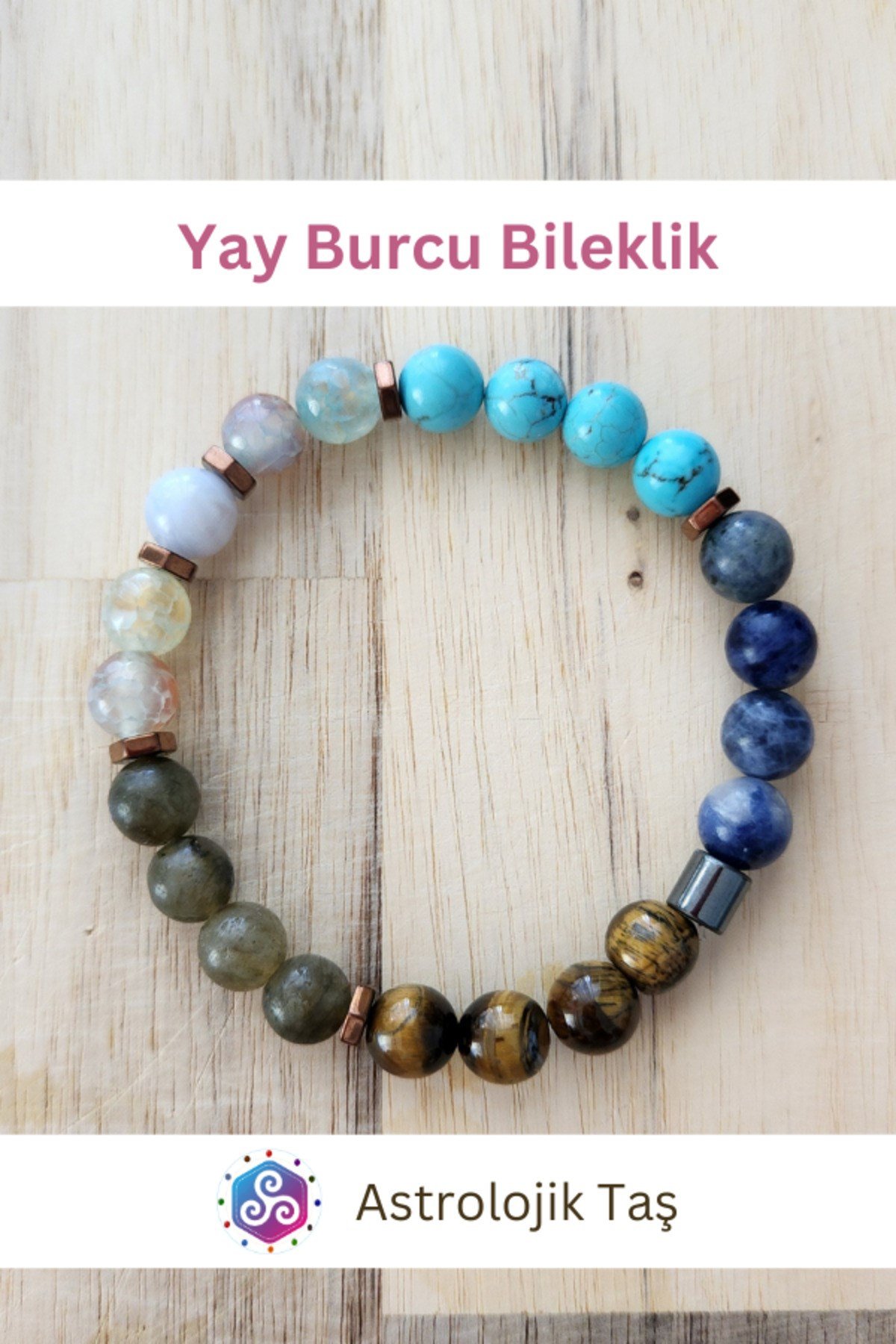 Yay Burcu Bilekliği - Sertifikalı - Kaplan Gözü, Labradorit, Turkuaz , Sodalit, Kalsedon, Beyaz Akik
