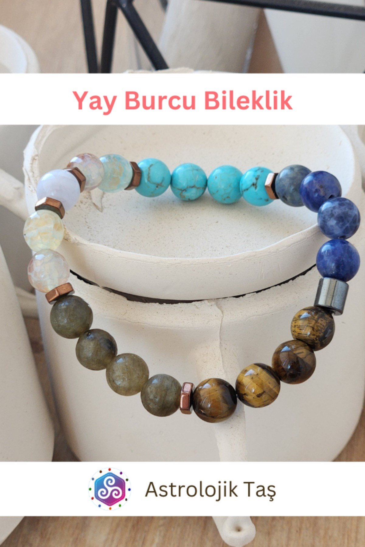 Yay Burcu Bilekliği - Sertifikalı - Kaplan Gözü, Labradorit, Turkuaz , Sodalit, Kalsedon, Beyaz Akik