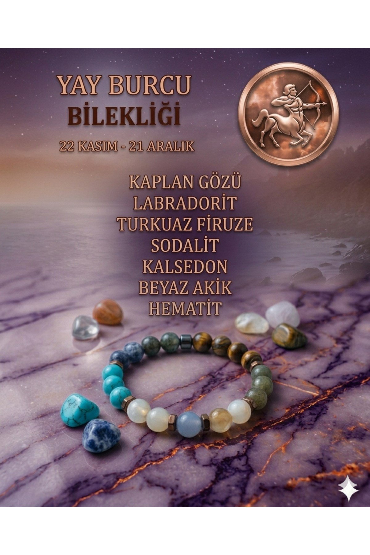 Yay Burcu Bilekliği - Sertifikalı - Kaplan Gözü, Labradorit, Turkuaz , Sodalit, Kalsedon, Beyaz Akik