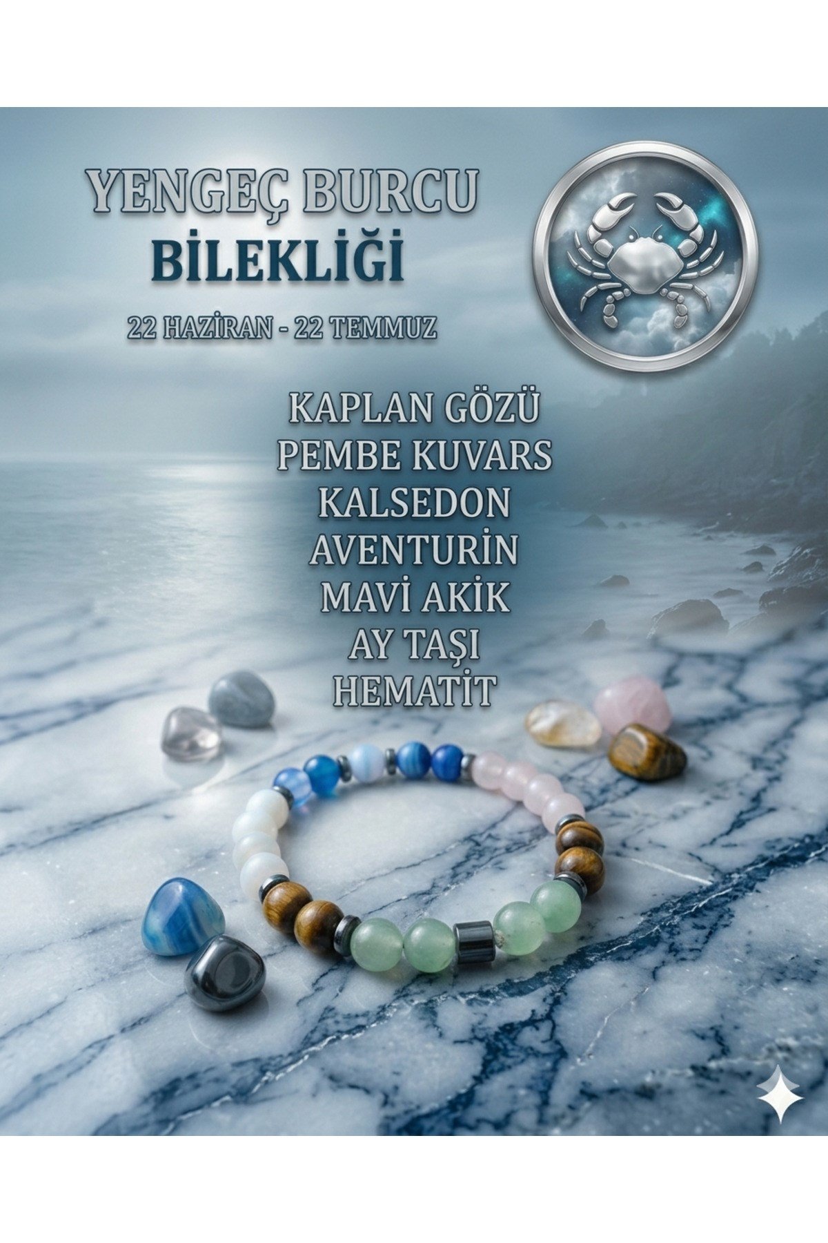 Yengeç Burcu Bilekliği - Sertifikalı - K.Gözü, Pembe Kuvars, Kalsedon, Aventurin, Mavi Akik, Ay Taşı