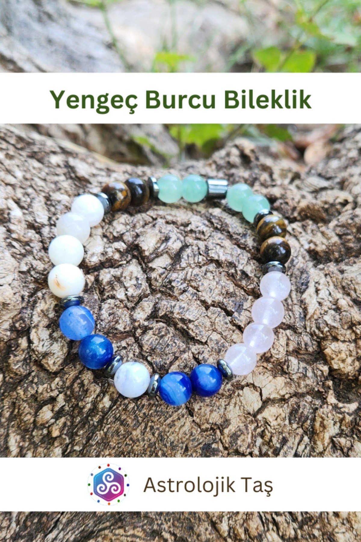 Yengeç Burcu Bilekliği - Sertifikalı - K.Gözü, Pembe Kuvars, Kalsedon, Aventurin, Mavi Akik, Ay Taşı