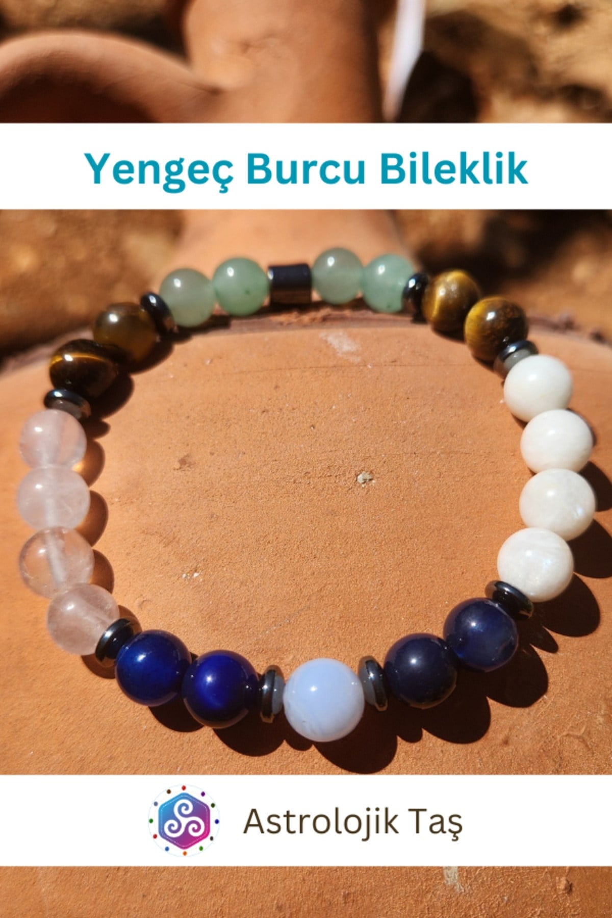Yengeç Burcu Bilekliği - Sertifikalı - K.Gözü, Pembe Kuvars, Kalsedon, Aventurin, Mavi Akik, Ay Taşı