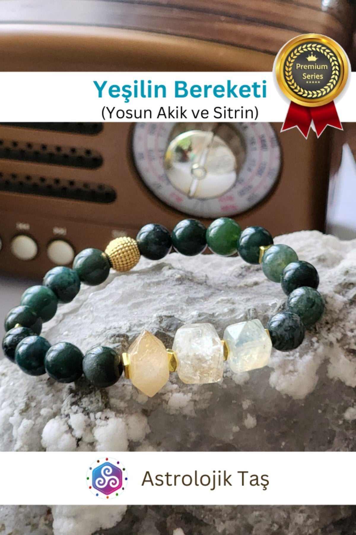 Yeşilin Bereketi Doğal Taş Bilekliği - Sertifikalı - Yosun Akik & Sitrin Taşı