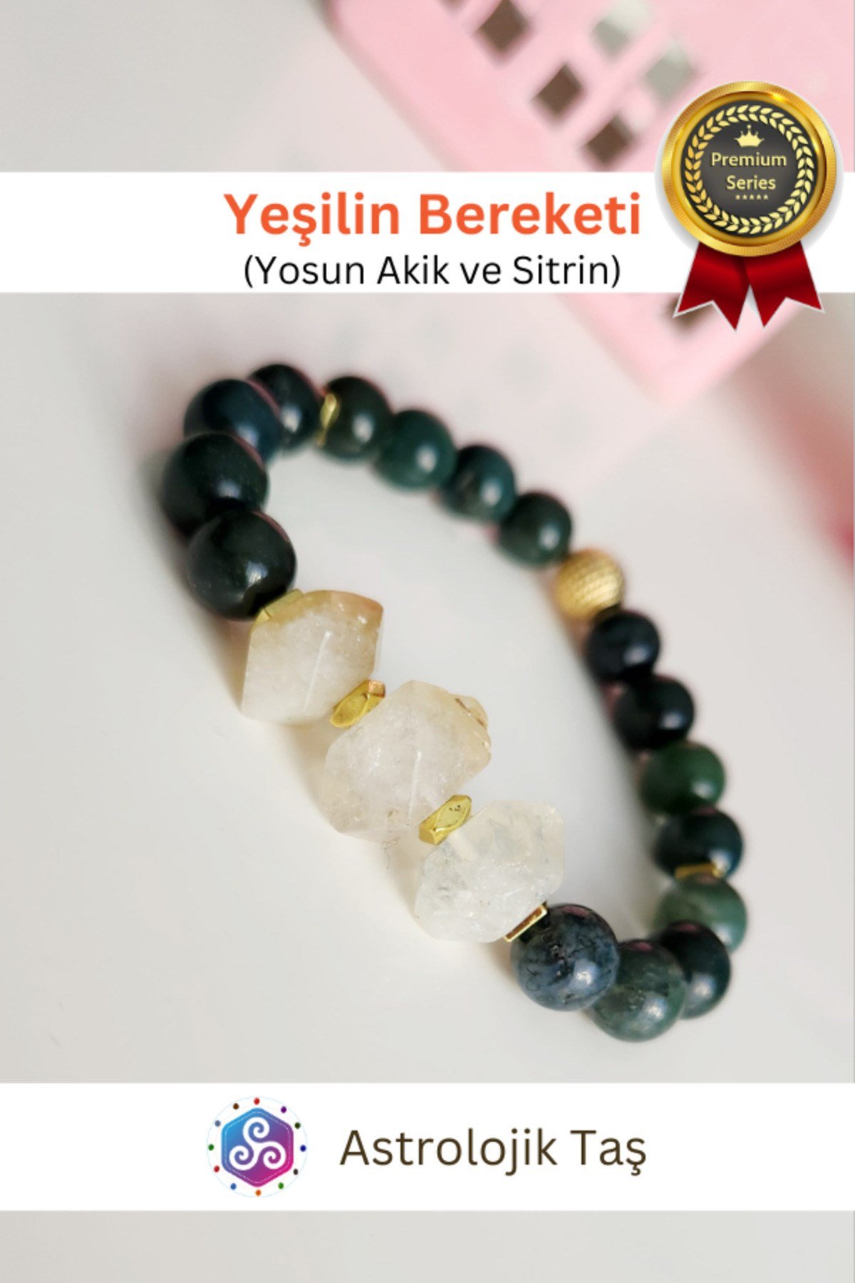 Yeşilin Bereketi Doğal Taş Bilekliği - Sertifikalı - Yosun Akik & Sitrin Taşı