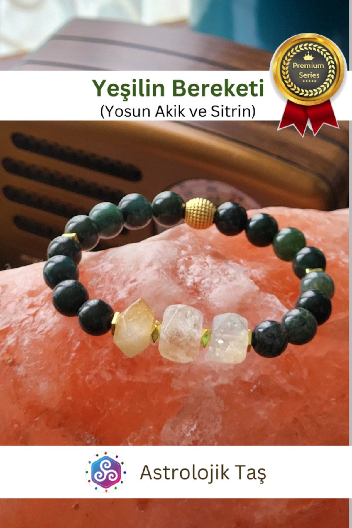 Yeşilin Bereketi Doğal Taş Bilekliği - Sertifikalı - Yosun Akik & Sitrin Taşı