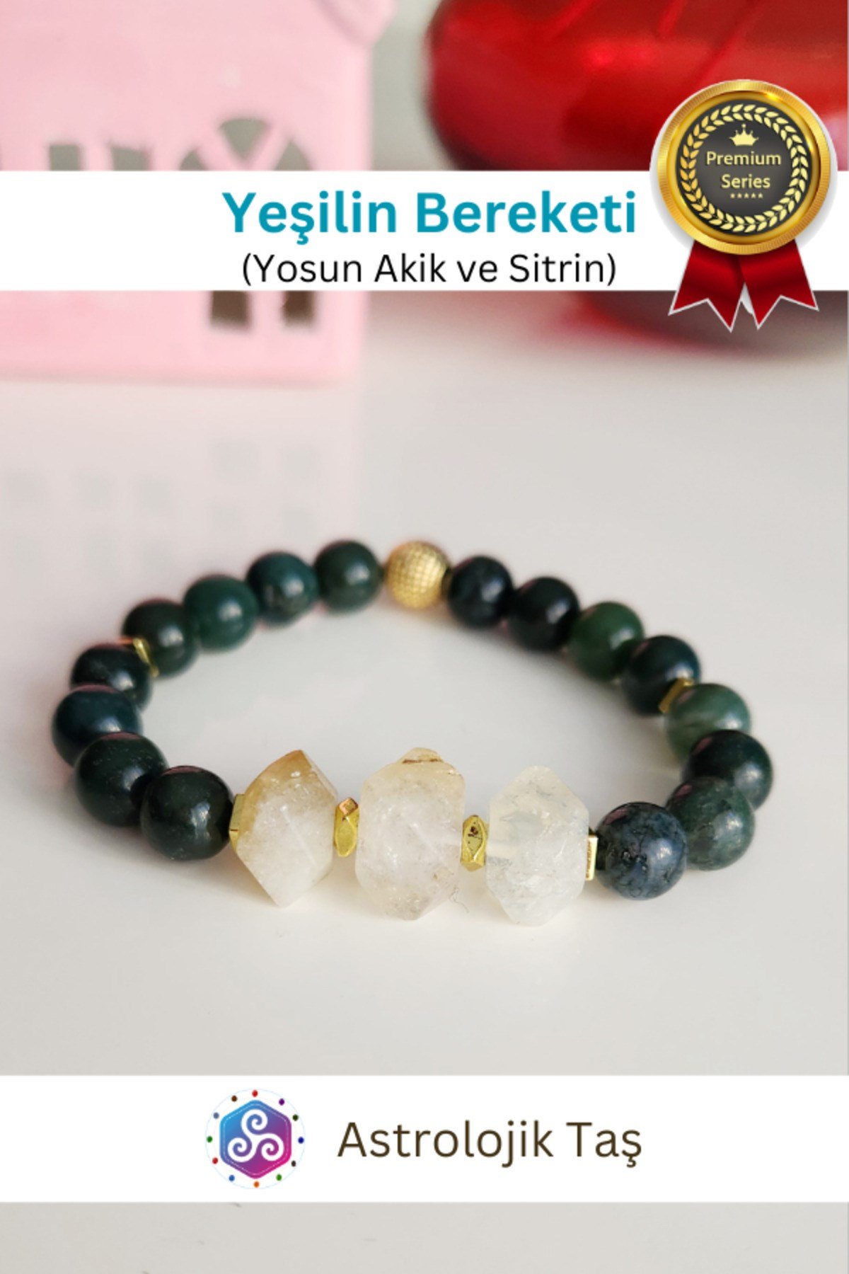 Yeşilin Bereketi Doğal Taş Bilekliği - Sertifikalı - Yosun Akik & Sitrin Taşı