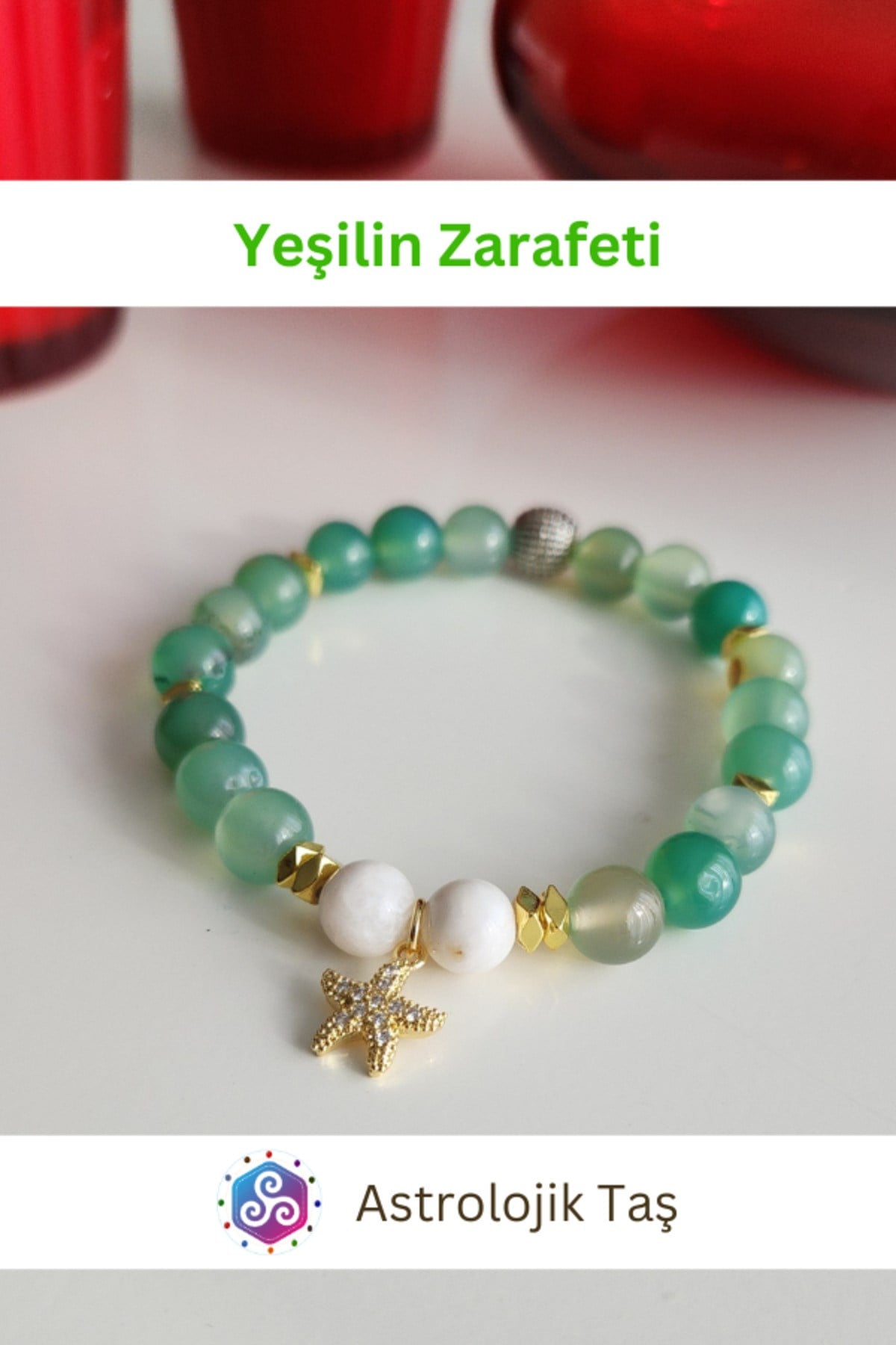 Yeşilin Zarafeti Doğal Taş Bileklik (KUTUP YILDIZI AKSESUARLI) Sertifikalı Akik & Ay Taşı