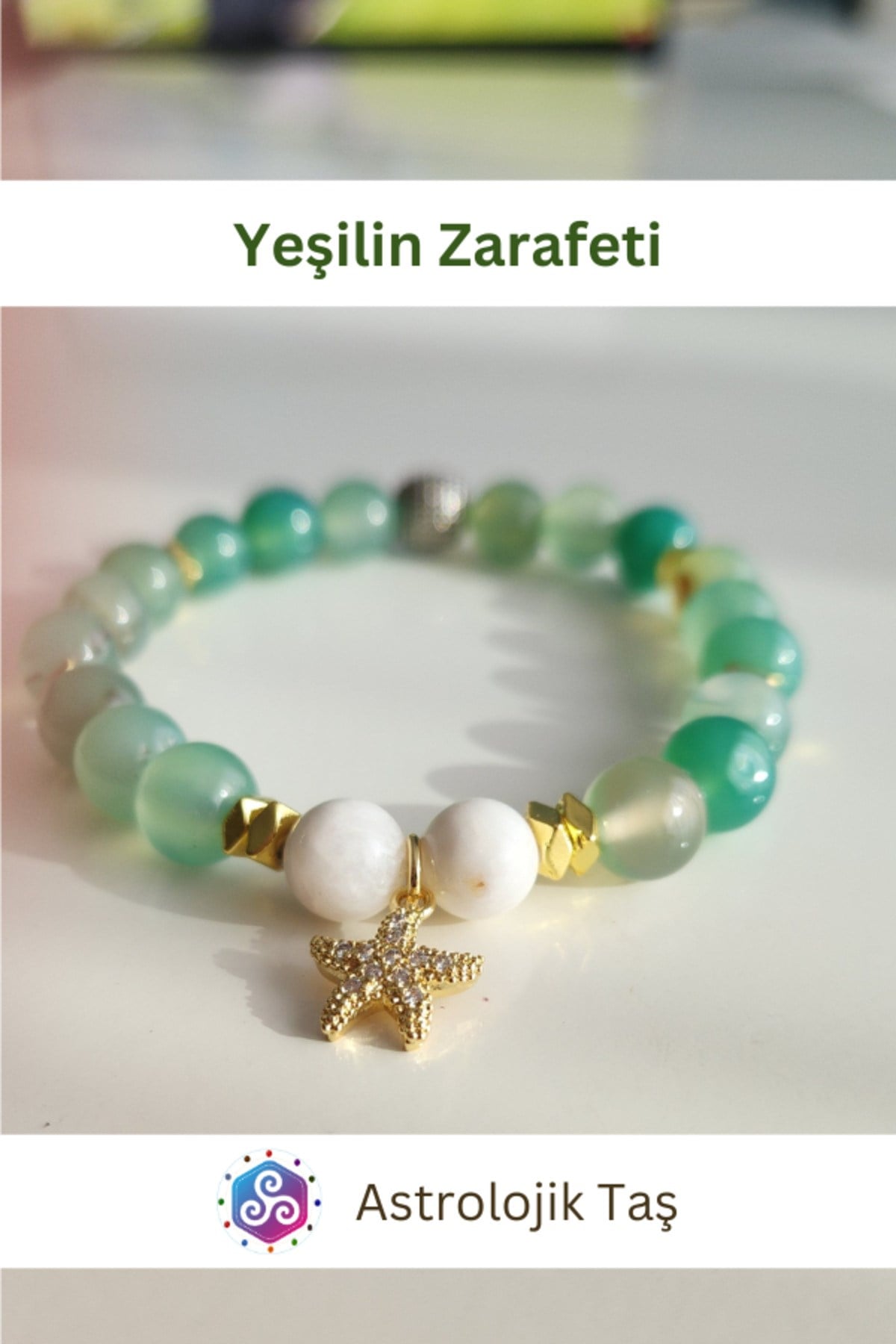 Yeşilin Zarafeti Doğal Taş Bileklik (KUTUP YILDIZI AKSESUARLI) Sertifikalı Akik & Ay Taşı