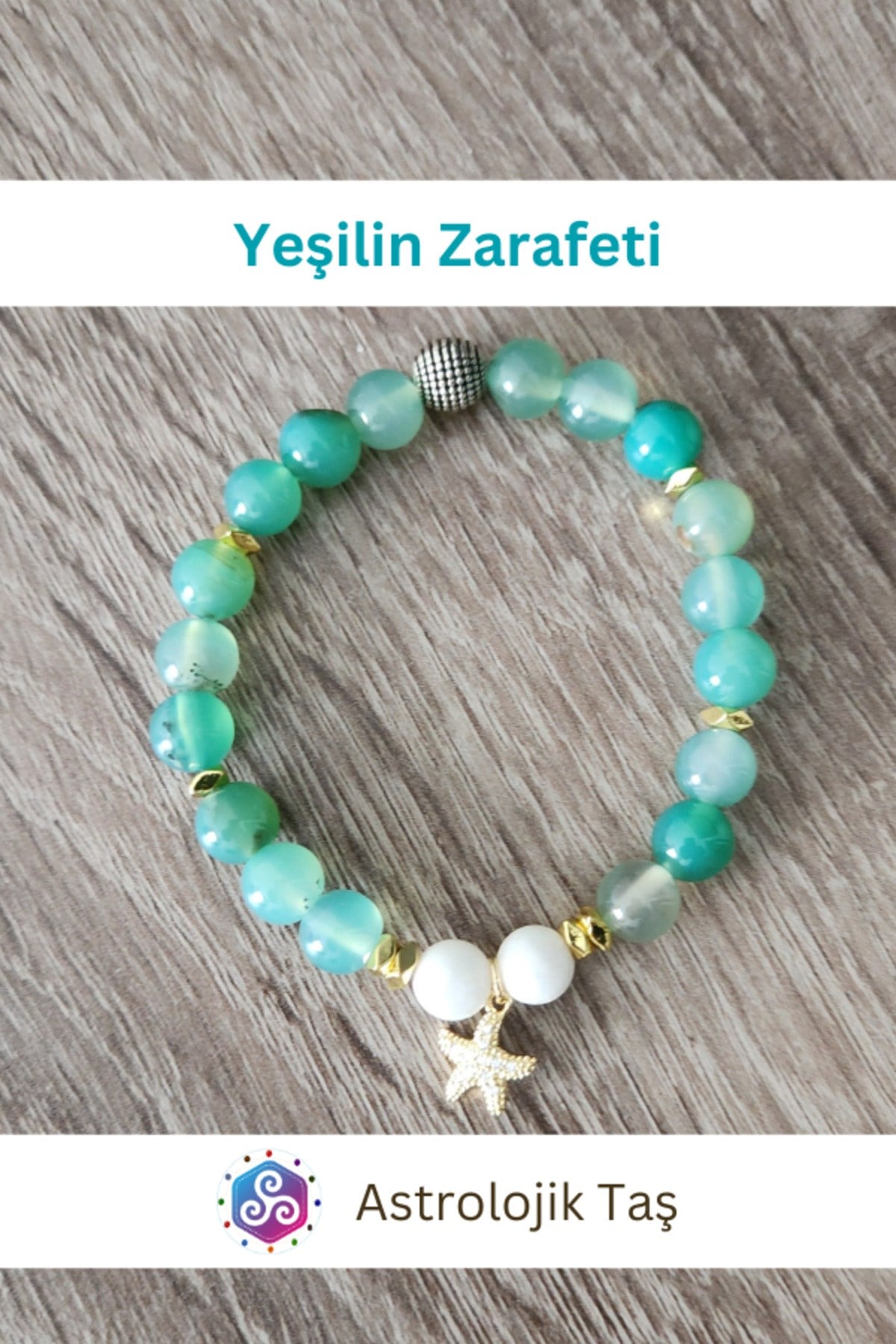 Yeşilin Zarafeti Doğal Taş Bileklik (KUTUP YILDIZI AKSESUARLI) Sertifikalı Akik & Ay Taşı