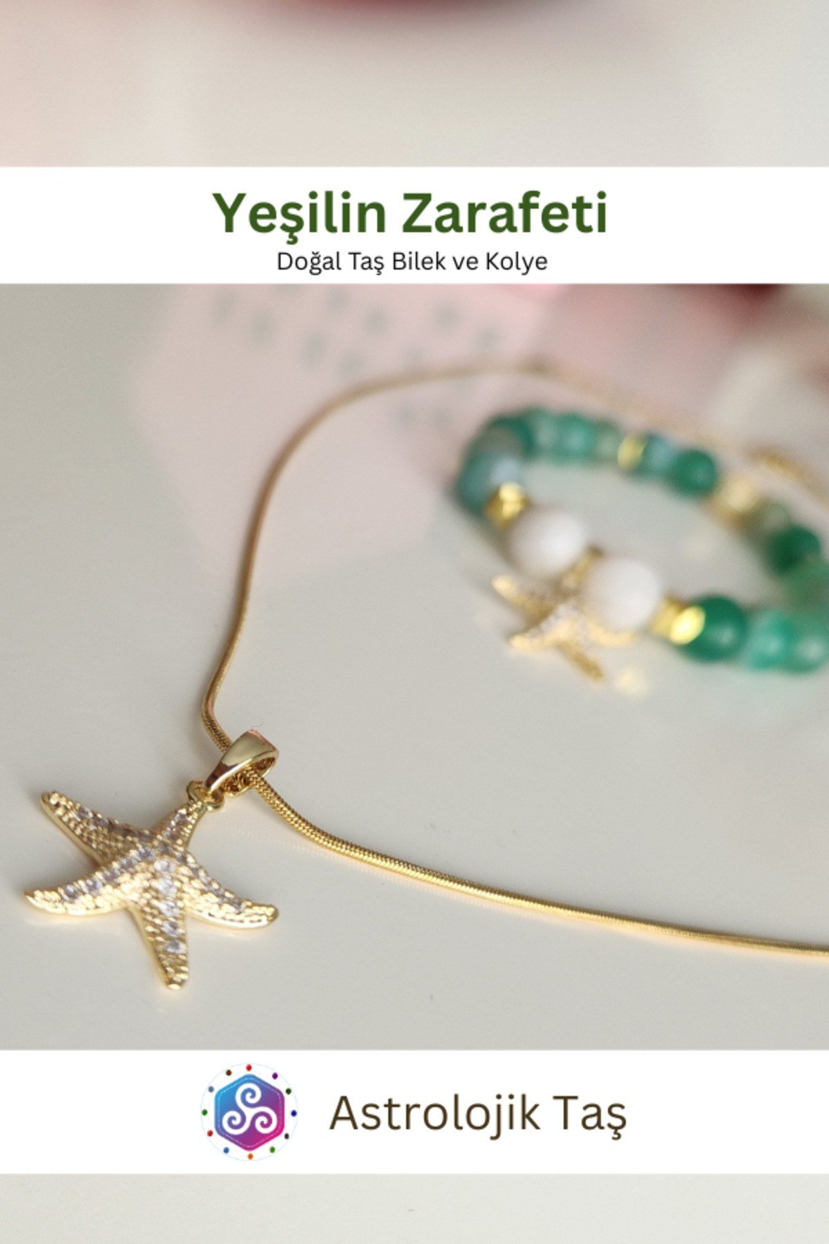 Yeşilin Zarafeti Doğal Taş Bileklik ve Charm Zincir Kolye Takımı - Yeşil Akik ve Ay Taşı