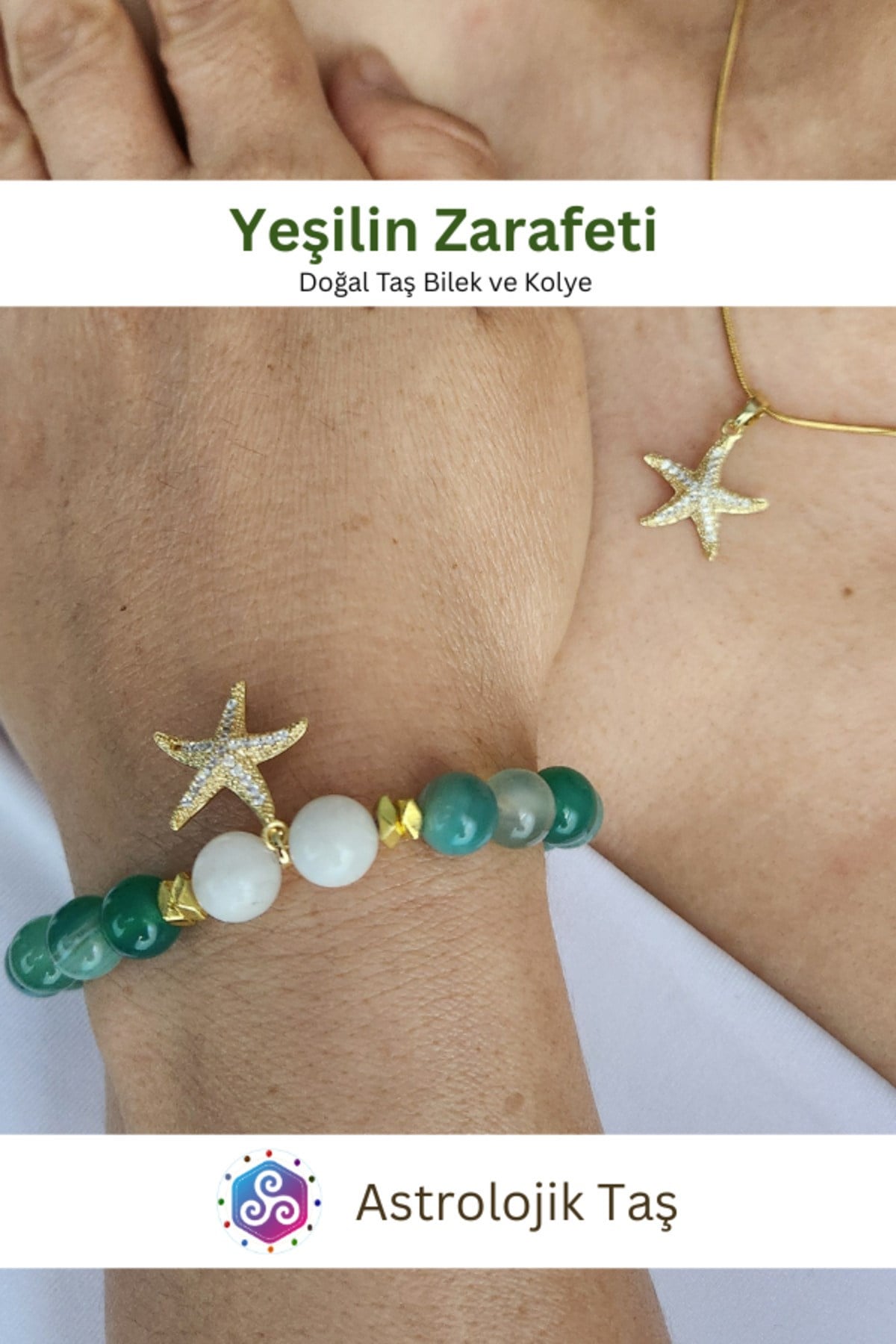 Yeşilin Zarafeti Doğal Taş Bileklik ve Charm Zincir Kolye Takımı - Yeşil Akik ve Ay Taşı