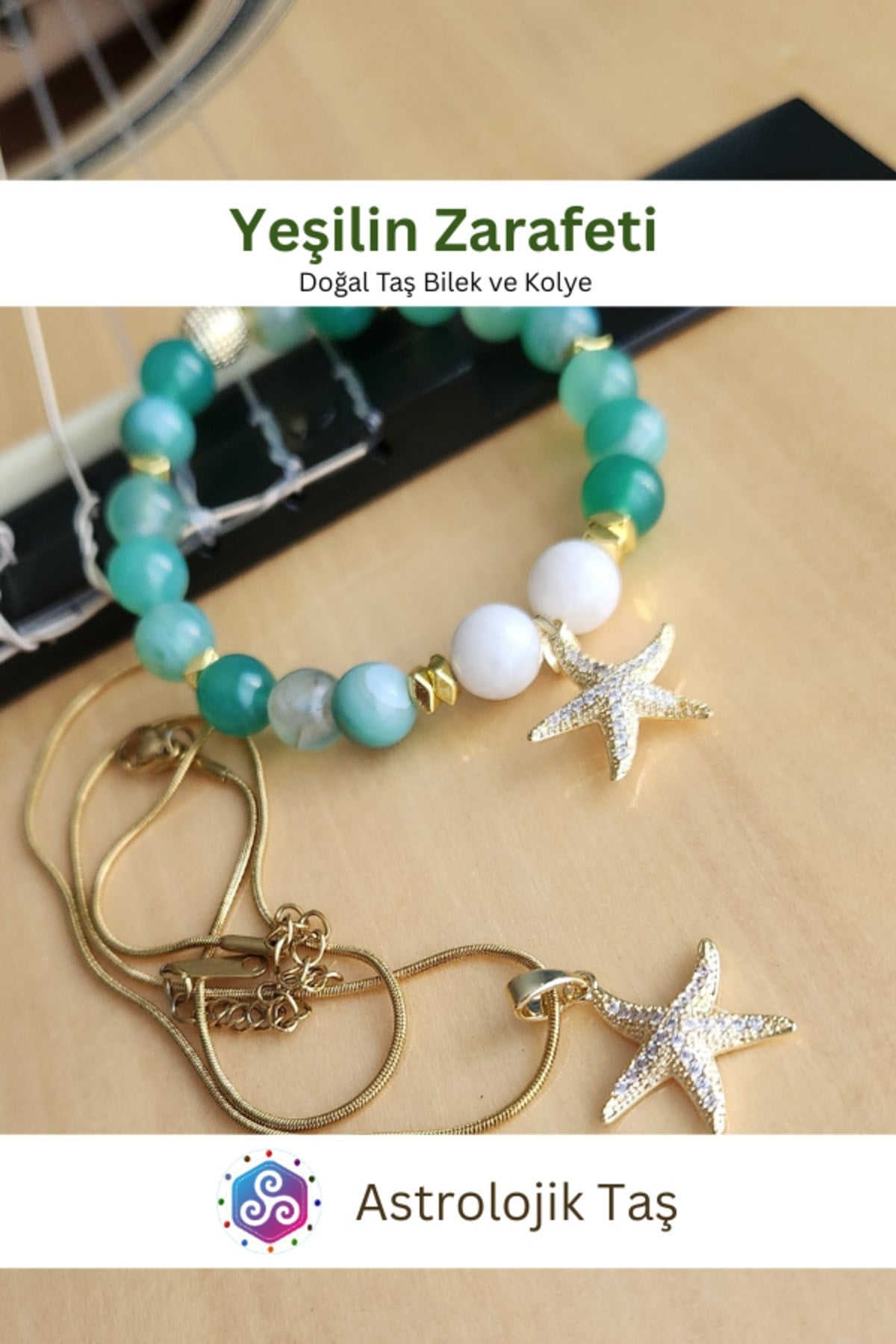 Yeşilin Zarafeti Doğal Taş Bileklik ve Charm Zincir Kolye Takımı - Yeşil Akik ve Ay Taşı