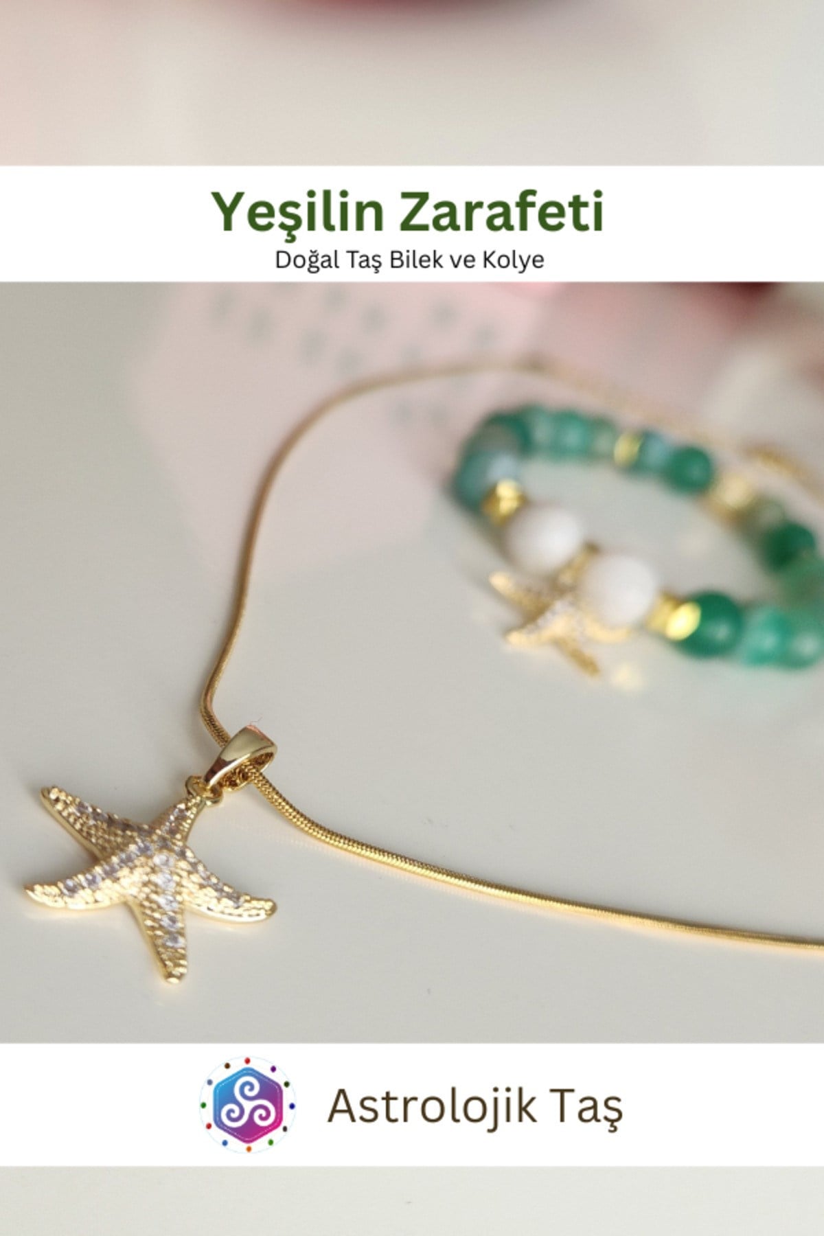 Yeşilin Zarafeti Doğal Taş Bileklik ve Charm Zincir Kolye Takımı - Yeşil Akik ve Ay Taşı
