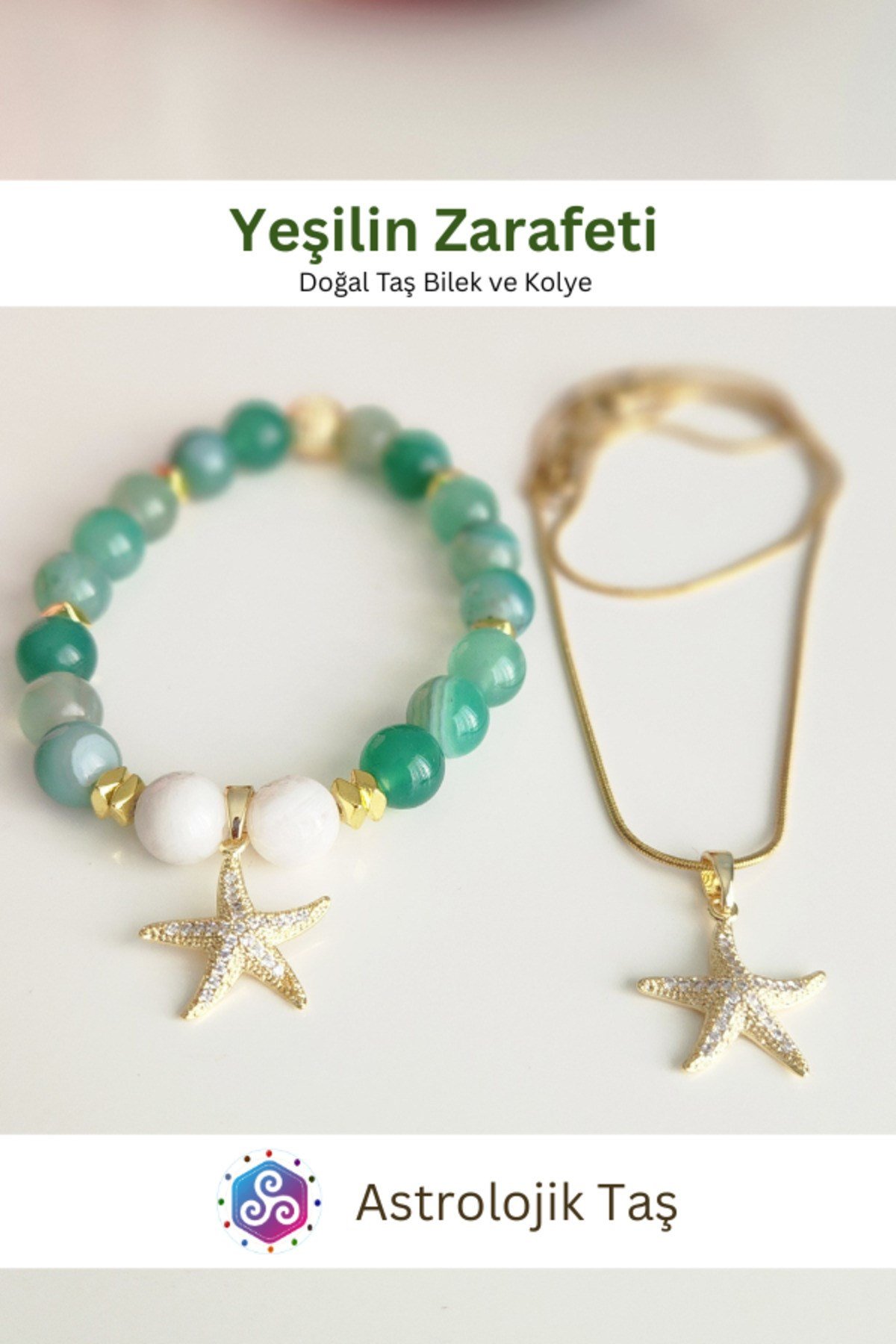 Yeşilin Zarafeti Doğal Taş Bileklik ve Charm Zincir Kolye Takımı - Yeşil Akik ve Ay Taşı