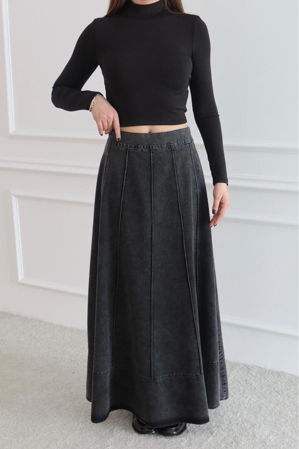 ÇIMA DETAYLI BELİ LASTİKLİ DENİM KOT ETEK