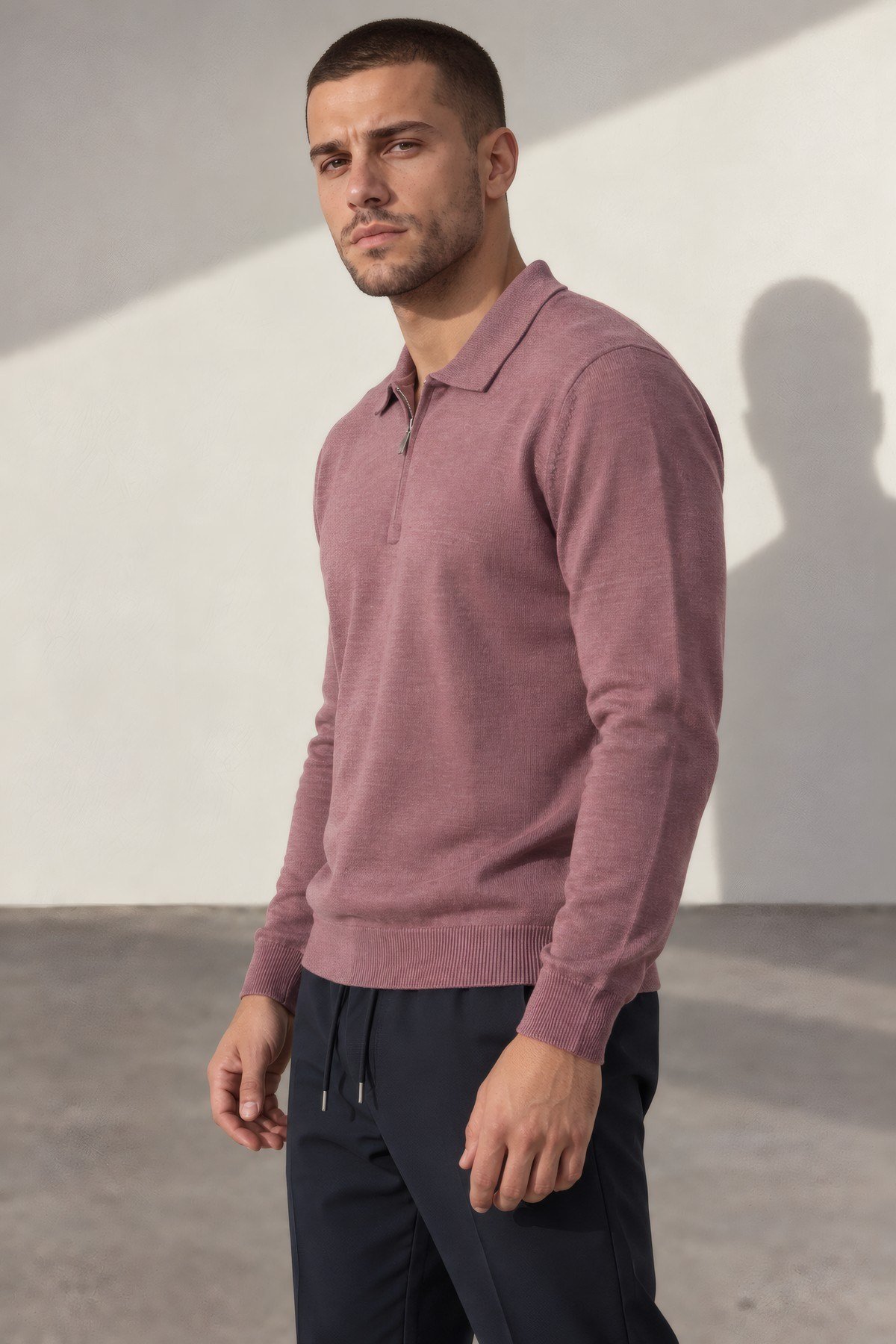 Fermuarlı Triko Polo Mürdüm