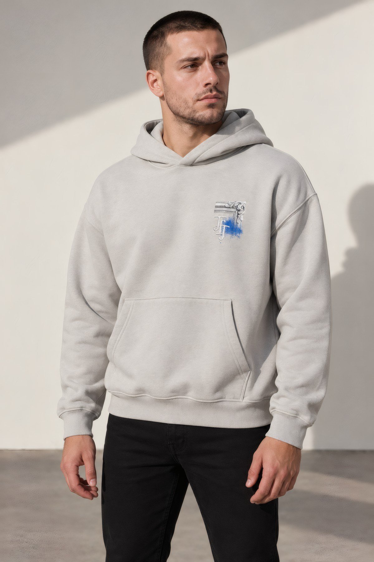 Tablo Baskılı Kapüşonlu Sweatshirt Gri
