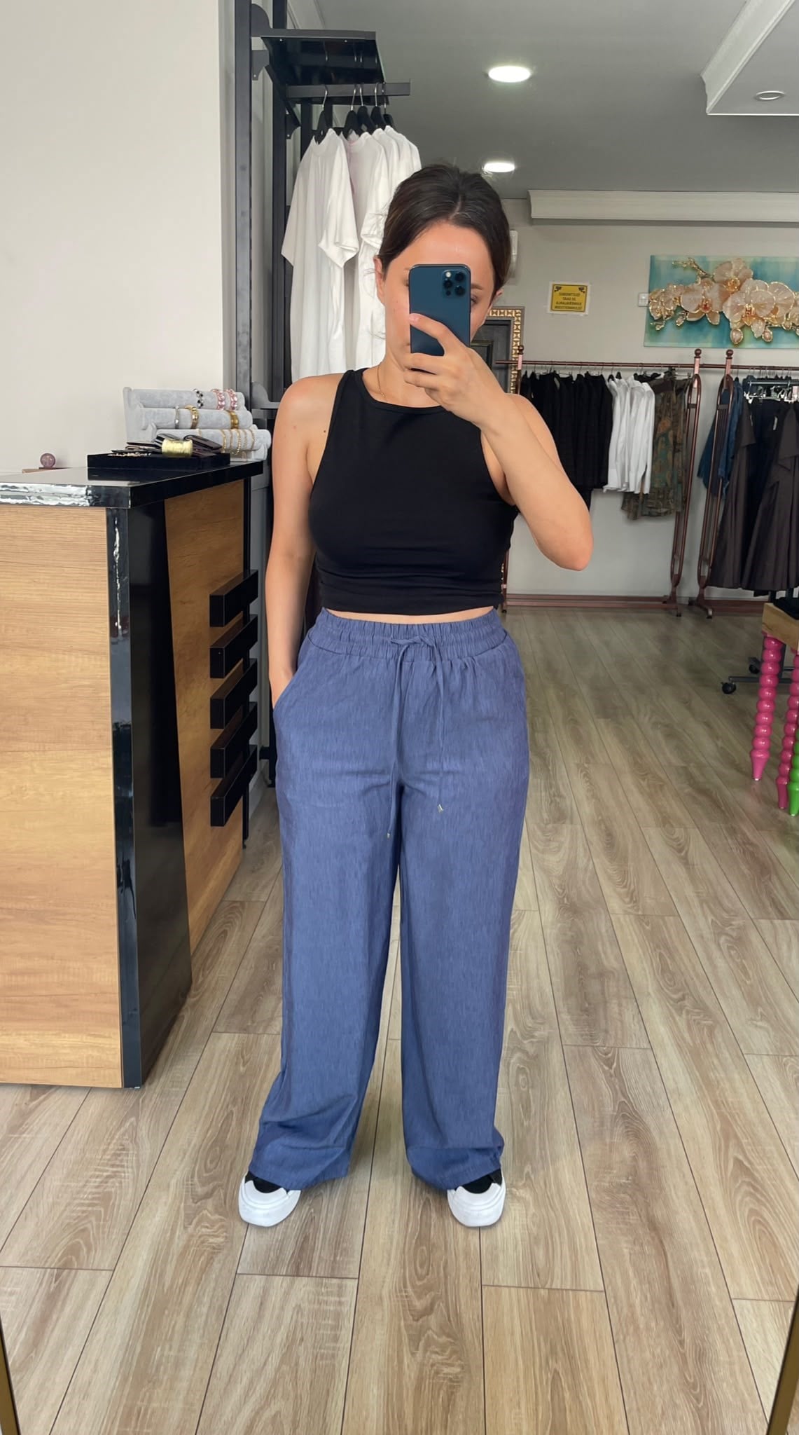 Yüksek bel beli lastikli keten pantolon