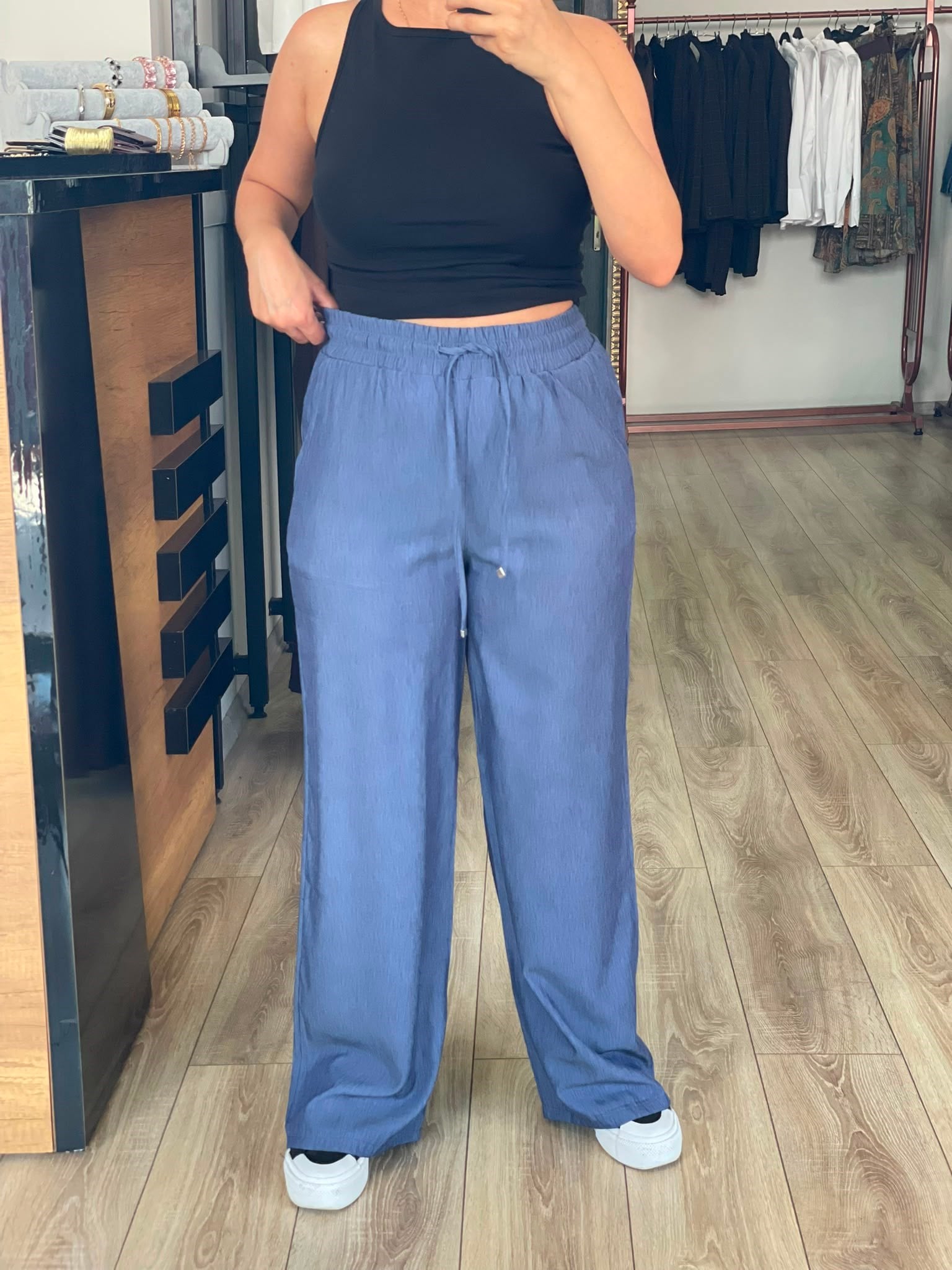 Yüksek bel beli lastikli keten pantolon