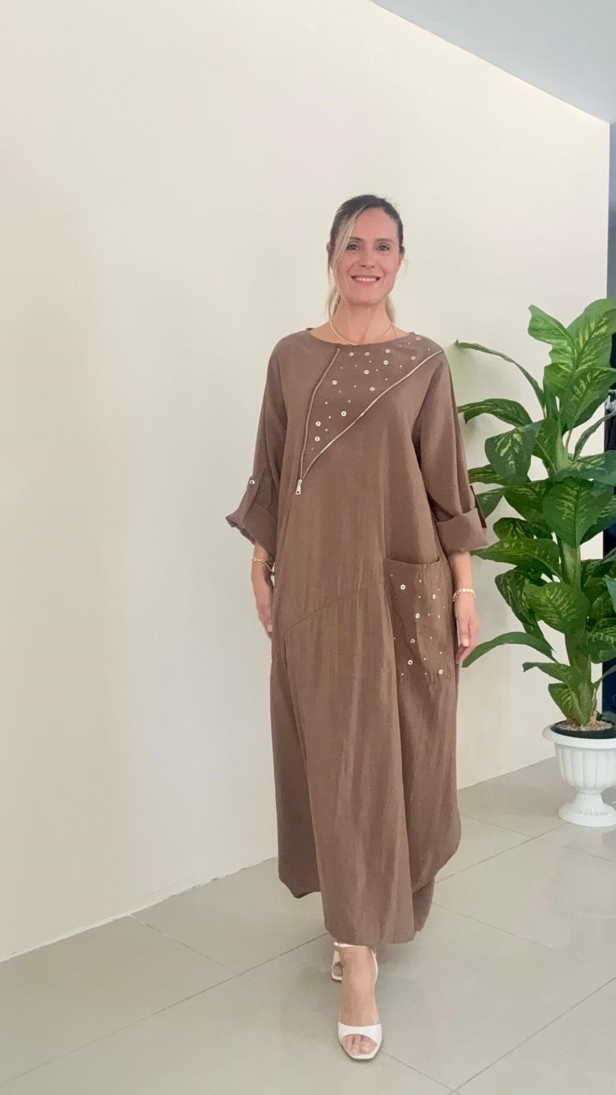 6113 Tensel Taşlı Elbise Kahve