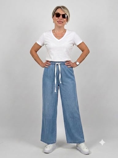 Beli Lastikli Bağcıklı Tensel Kot Pantolon - Açık Mavi