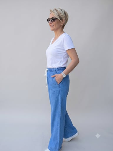 Beli Lastikli Bağcıklı Tensel Kot Pantolon - Açık Mavi