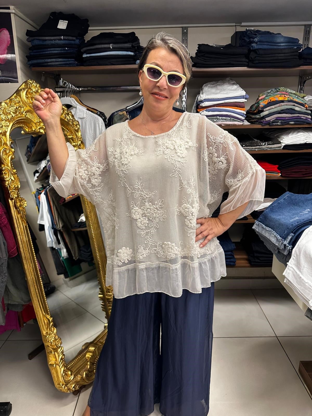Firenze İtalyan İpek Detaylı Nakışlı Astarlı File Bluz – Beyaz