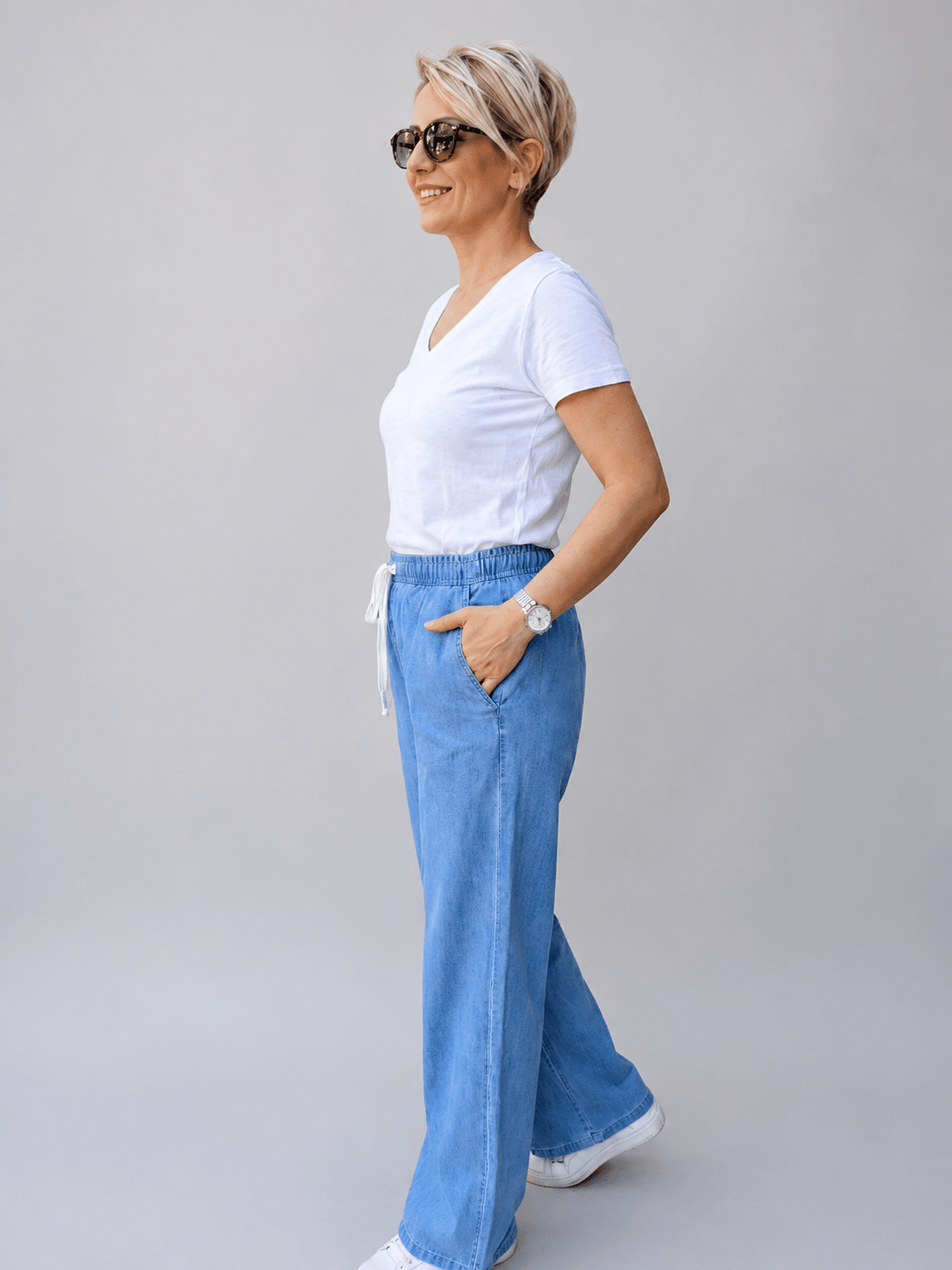 Kadın Beli Lastikli Bağcıklı Tensel Kot Pantolon – Açık Mavi