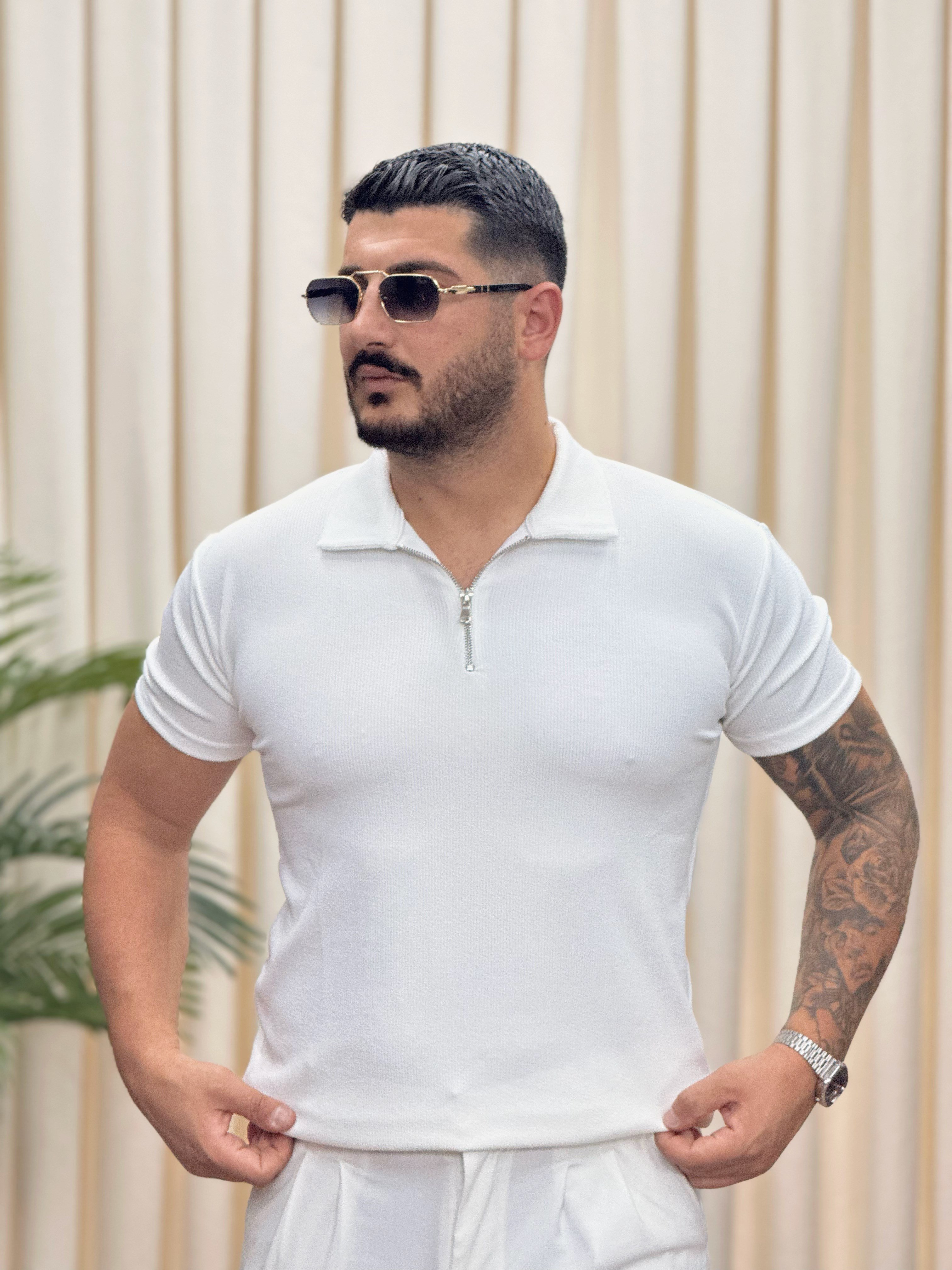 Fitilli Yarım Fermuarlı Tişört Beyaz