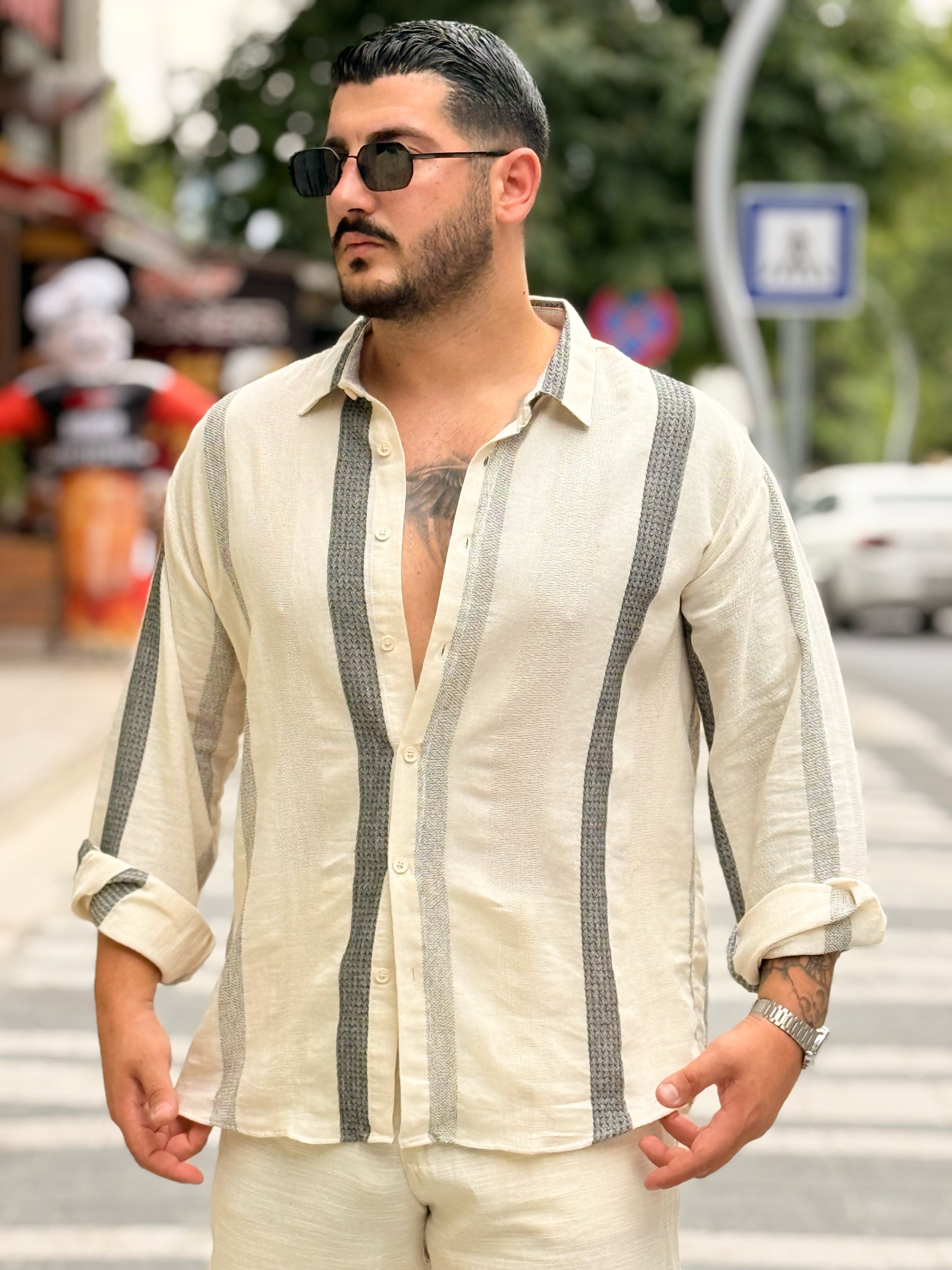 Hasır Şerit Detaylı Keten Gömlek Krem