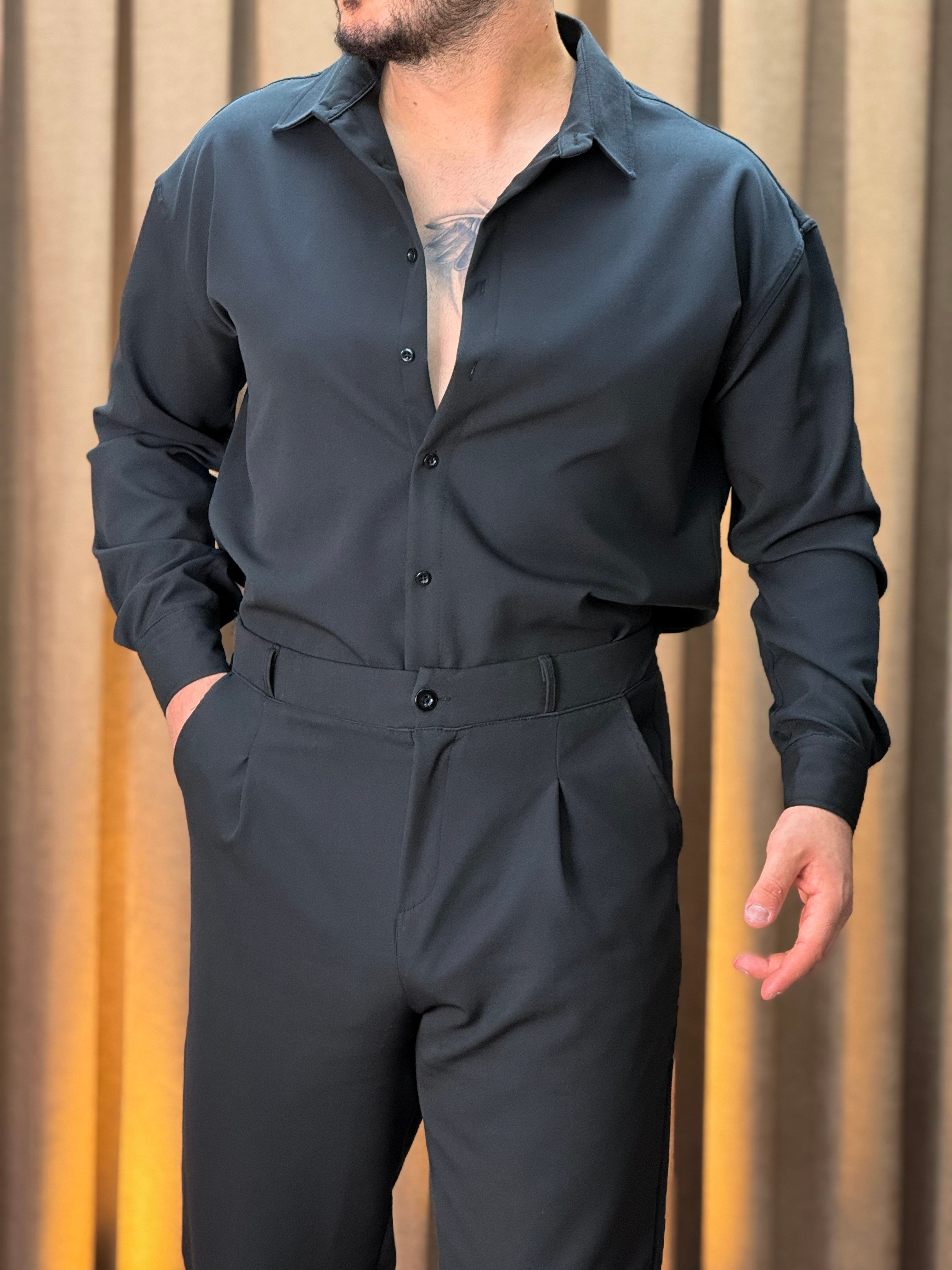 Krep Üst Oversize Alt Baggy Takım Siyah