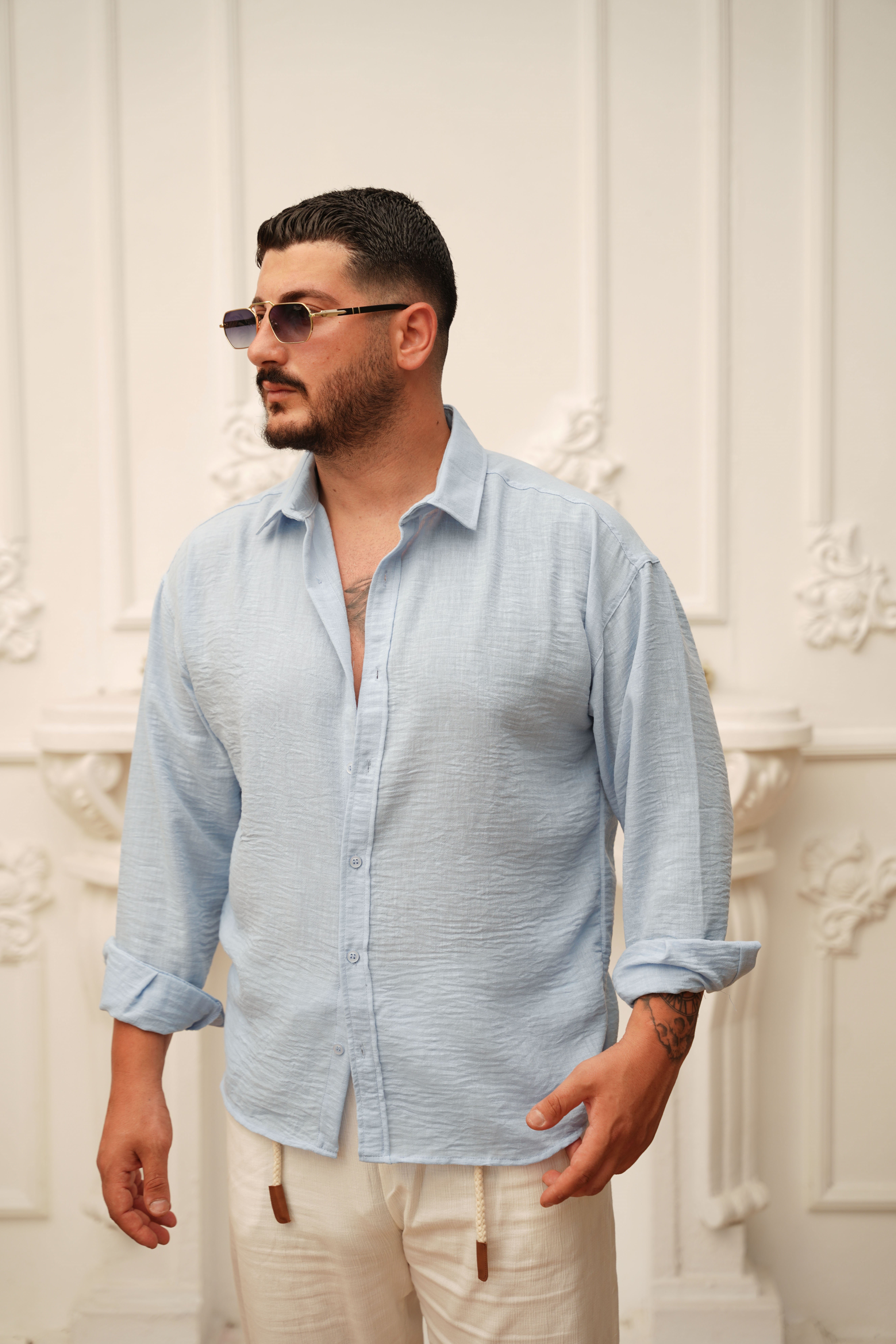 Oversize Keten Gömlek Buz Mavisi