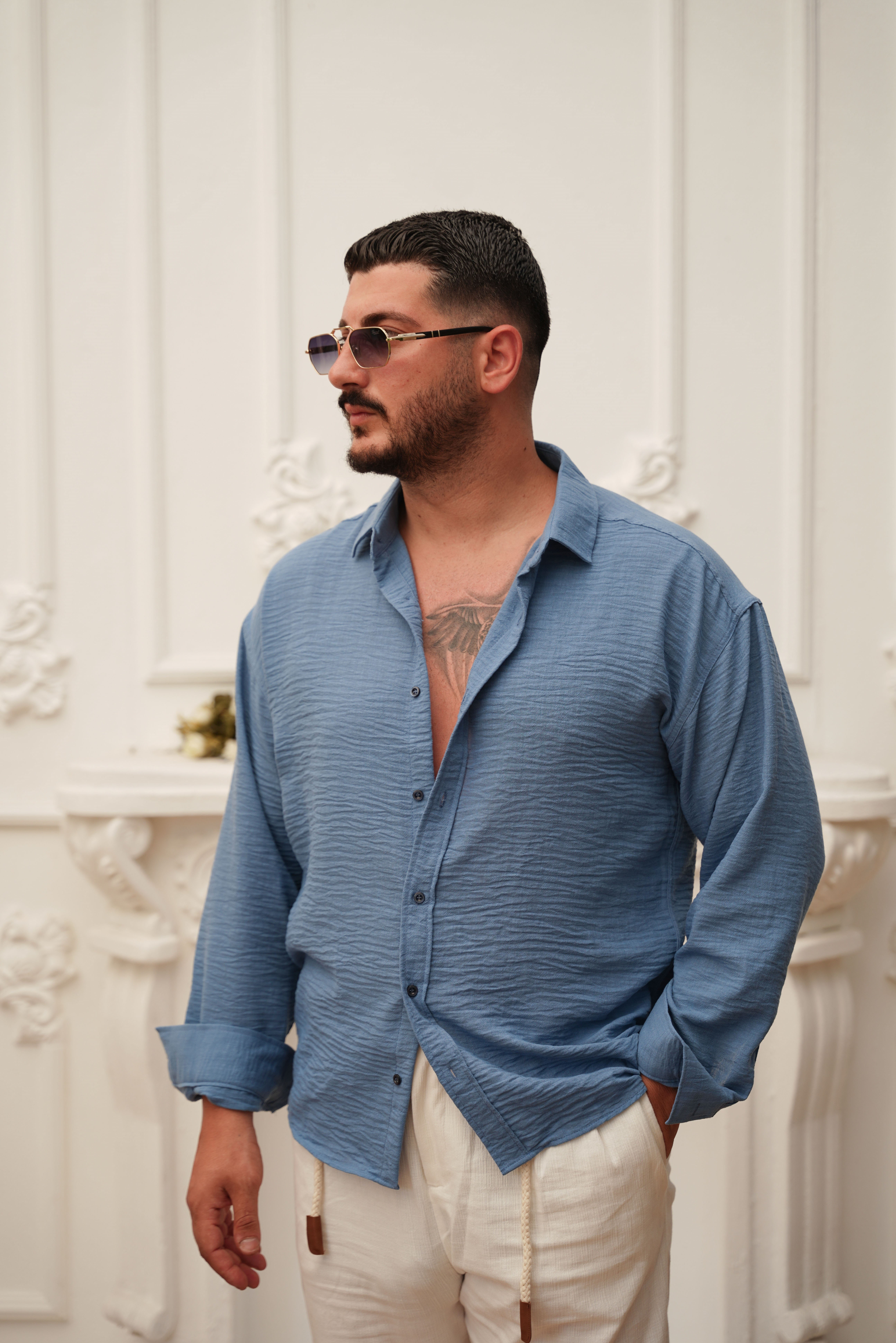 Oversize Keten Gömlek İndigo Mavi