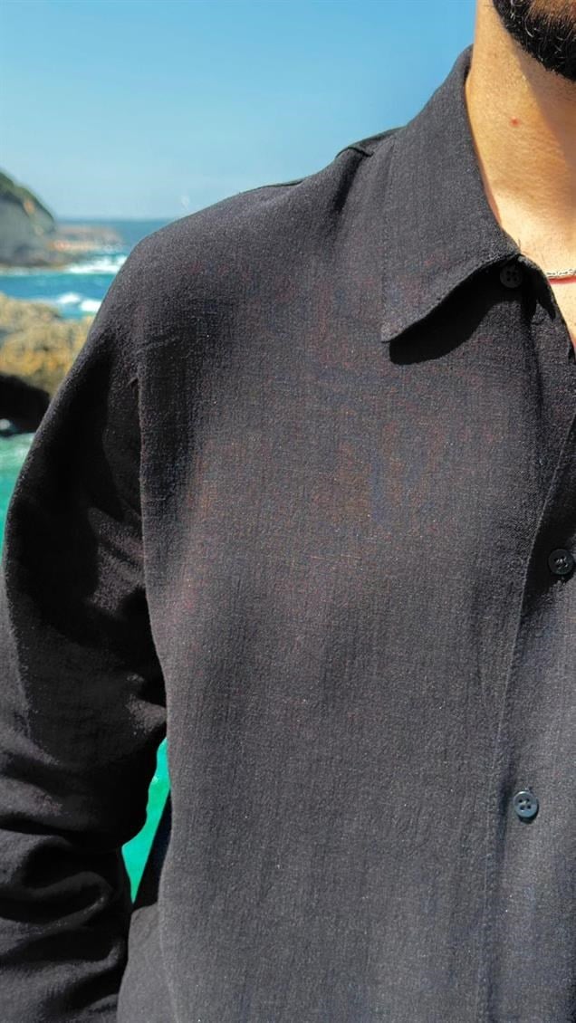 %100 Gerçek Keten Oversize Gömlek Siyah