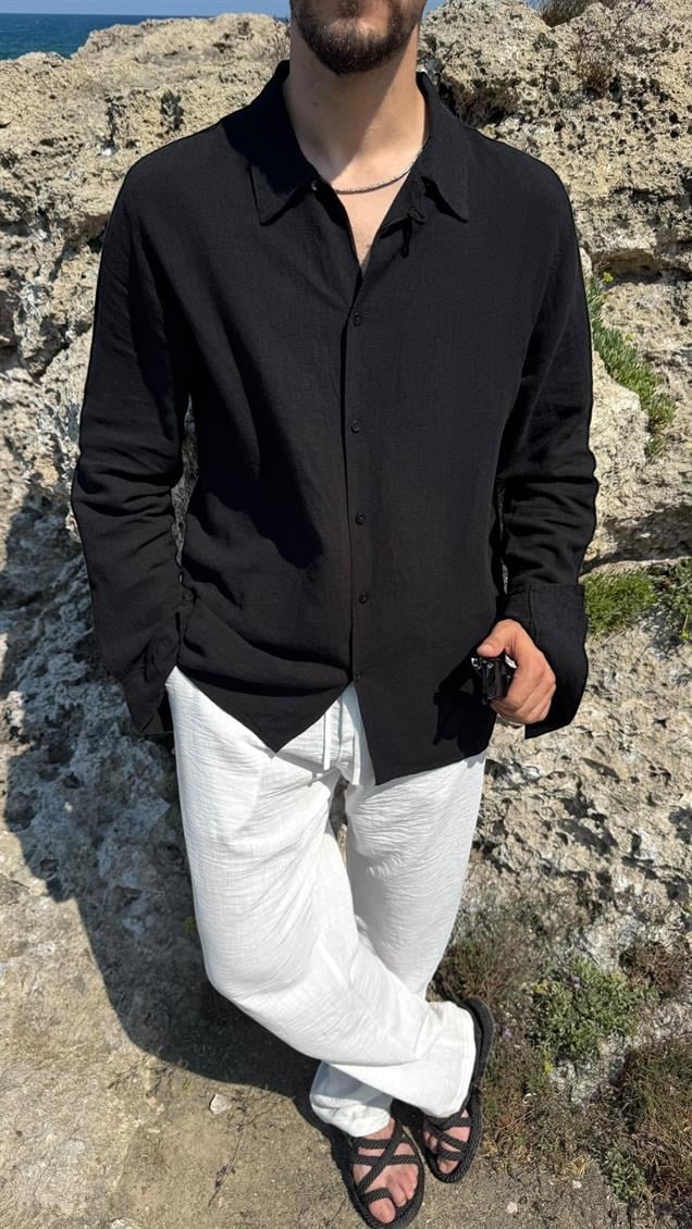 %100 Gerçek Keten Oversize Gömlek Siyah