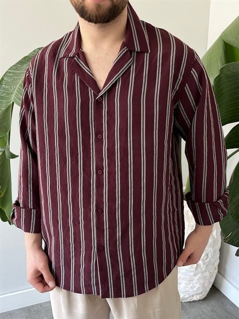 Apaş Yaka Çizgili Oversize Gömlek Bordo