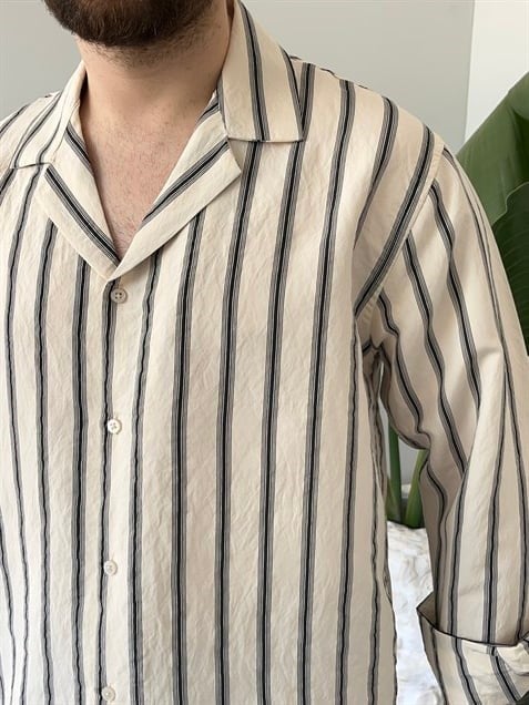 Apaş Yaka Çizgili Oversize Gömlek Krem