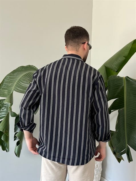 Apaş Yaka Çizgili Oversize Gömlek Lacivert
