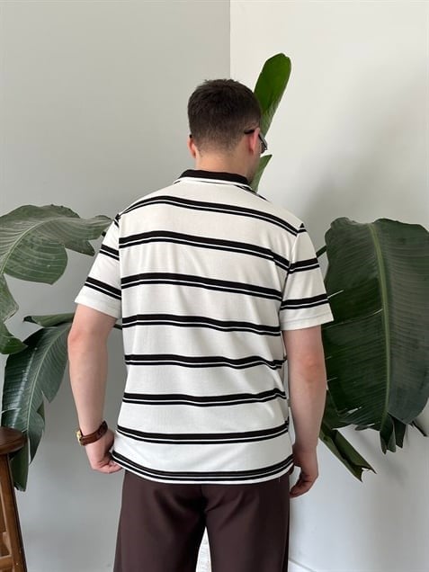 Basic Beyaz Çizgili Polo Tişört