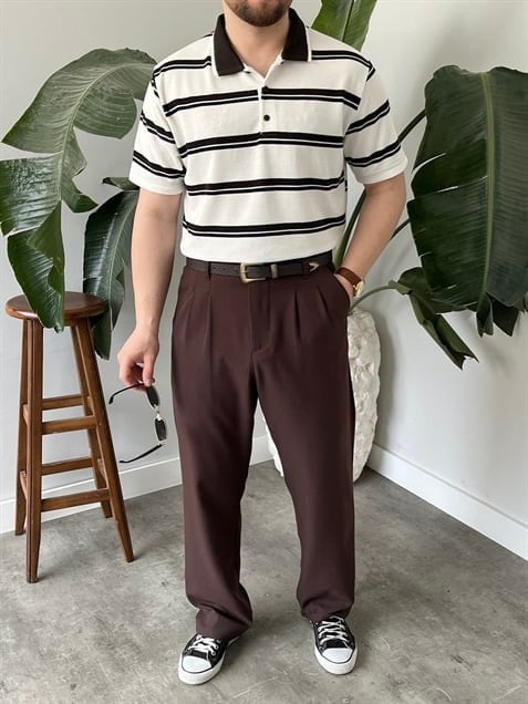 Basic Beyaz Çizgili Polo Tişört