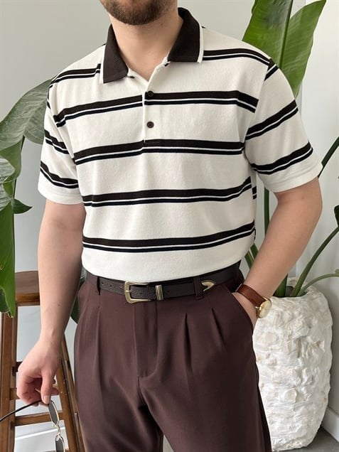 Basic Beyaz Çizgili Polo Tişört