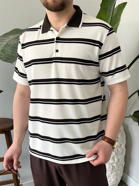 Basic Beyaz Çizgili Polo Tişört