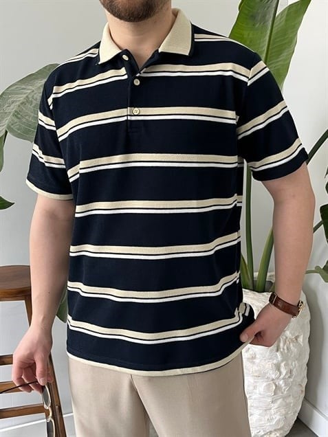 Basic Lacivert  Çizgili Polo Tişört