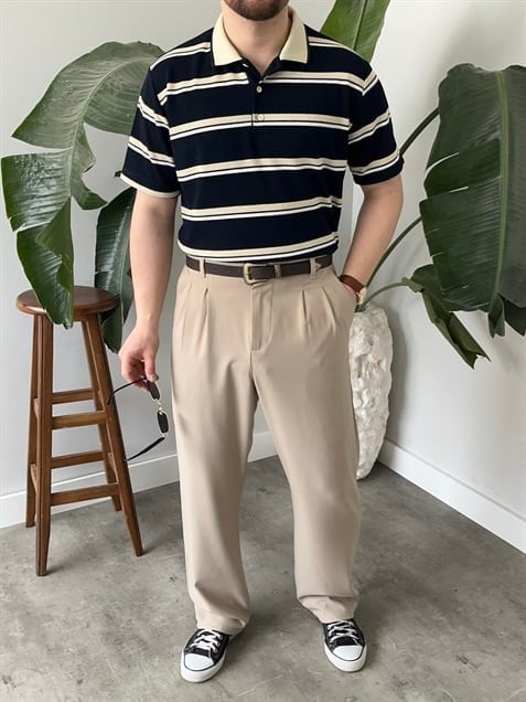 Basic Lacivert  Çizgili Polo Tişört