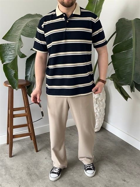 Basic Lacivert  Çizgili Polo Tişört
