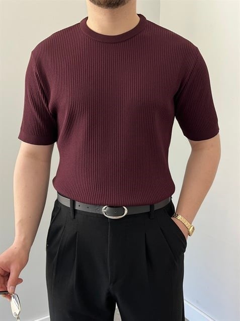 Bisiklet Yaka Örgü .Desen Triko Tshirt Bordo